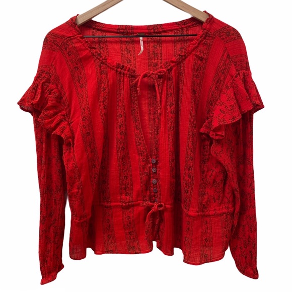 Free People Tops - Free People Red 100% Cotton Geometric Floral Long Sleeve Blouse Women’s Size XS